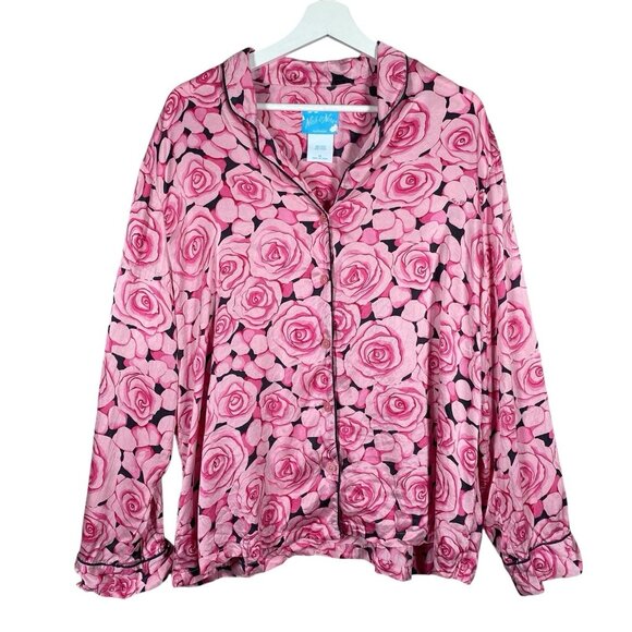 Vintage Nick & Nora 100% Silk Pajama Top XL Pink Rose All Over Print Black Trim - Picture 1 of 13